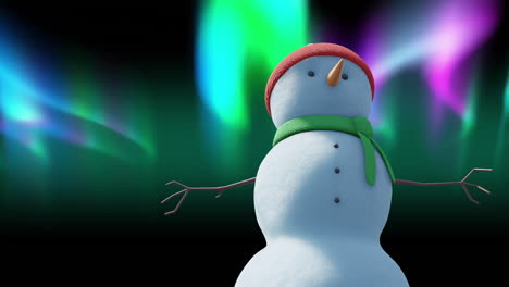 Animation-Eines-Weihnachtsschneemanns,-Der-Sich-über-Aurora-Borealis-Auf-Schwarzem-Hintergrund-Bewegt