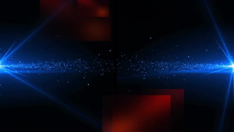 Animation-of-blue-lens-flares-creating-particles-and-squares-over-black-background