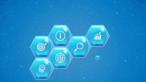 Animation-of-icon-in-hexagons-over-snowfall-against-blue-background