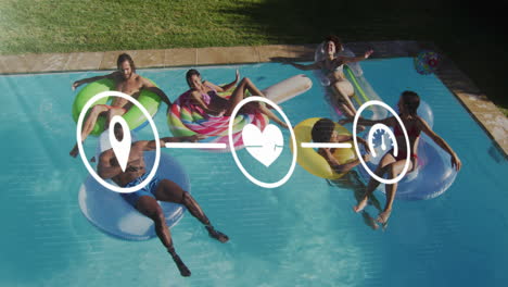 Animation-of-flowchart-of-icons-over-diverse-friends-on-inflatable-rings-enjoying-in-swimming-pool