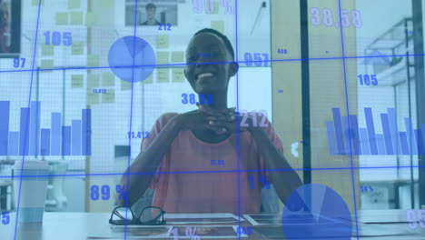 Animation-of-graphs-and-changing-numbers-over-african-american-woman-talking-on-video-call