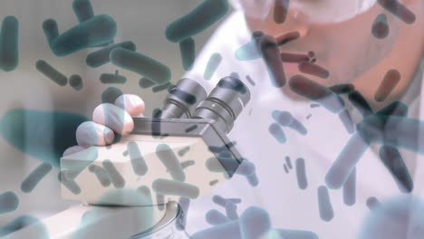 Animation-Von-Blutzellen-über-Verschiedenen-Wissenschaftlern,-Die-Proben-Unter-Dem-Mikroskop-Prüfen