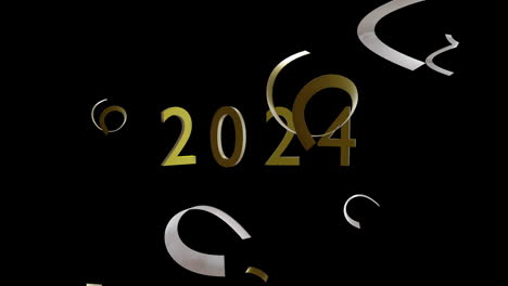 Animation-Des-Textes-2024,-Goldene-Und-Silberne-Luftschlangen-Auf-Schwarzem-Hintergrund