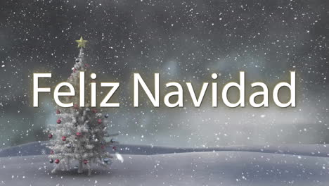 Animation-of-feliz-navidad-text-over-christmas-tree-in-winter-scenery-background