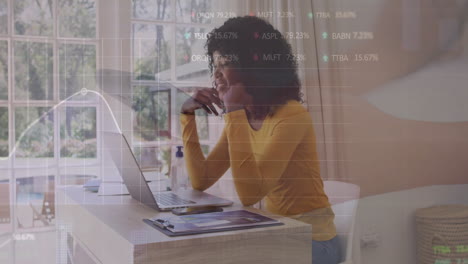 Animation-Der-Infografik-Oberfläche-über-Einer-Afroamerikanischen-Frau,-Die-Per-Videoanruf-Auf-Dem-Laptop-Spricht