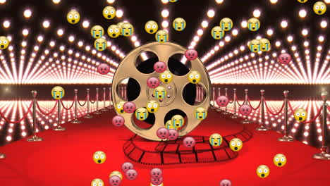 Animation-Von-Emojis,-Filmrollen-Und-Pfosten-Auf-Dem-Roten-Teppich-Und-Blinkenden-Lichtern-Im-Hintergrund