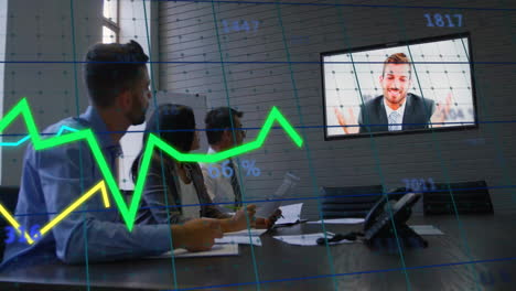 Animation-of-graphs-and-numbers,-diverse-colleagues-listening-to-businessman-over-computer-screen
