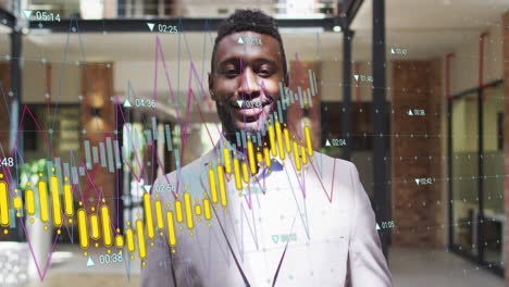 Animation-of-multiple-graphs-with-changing-numbers-over-smiling-african-american-man