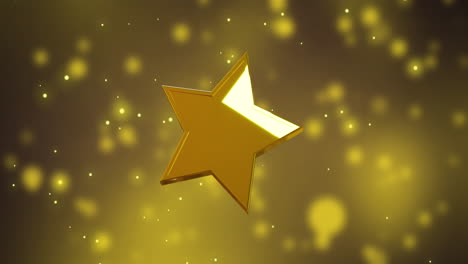 Animation-of-gold-star-over-snow-falling-on-yellow-background