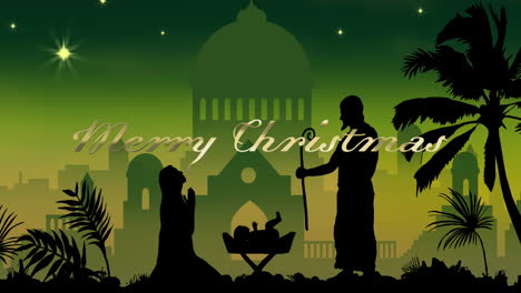 Animation-of-feliz-navidad-text-over-nativity-scene-on-green-background