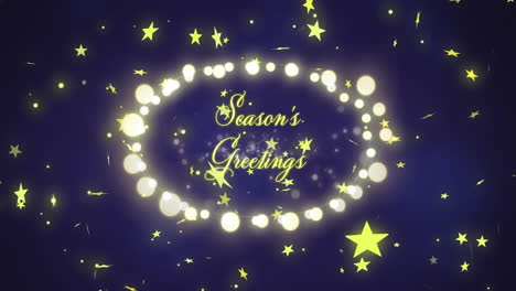 Animation-of-season's-greetings-text-with-fairy-lights-on-blue-background