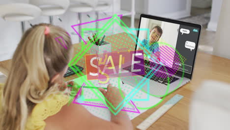 Animation-of-sale-text-and-data-processing-over-caucasian-girl-on-laptop-video-call