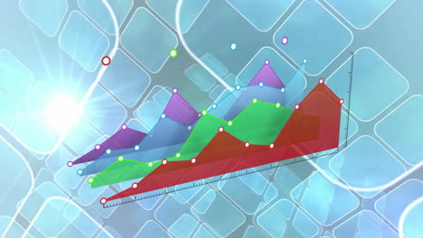 Animation-Mehrfarbiger-Graphen-Mit-Linsenreflexionen,-Die-Sich-Auf-Quadraten-Vor-Blauem-Hintergrund-Bewegen