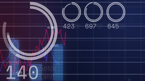Animation-of-loading-circles,-graphs-and-changing-numbers-over-black-background