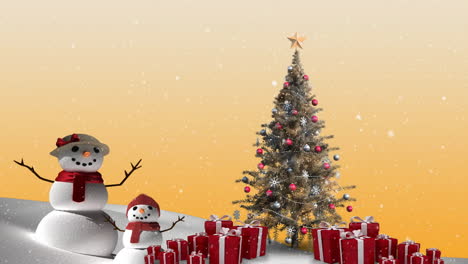 Animation-of-snowfall-over-snowman-and-decorated-christmas-tree-and-gift-boxes