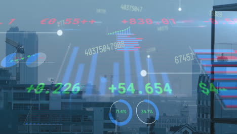 Animation-of-graphs,-changing-numbers-and-trading-board-over-modern-buildings-against-sky