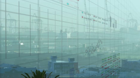Animation-of-multiple-graphs-and-trading-boards-over-aerial-view-of-fog-covered-city