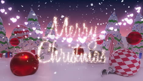 Animation-Von-Schneefall,-Kugeln,-Stöcken,-Glocken,-Frohe-Weihnachten-Text,-Schneebedeckten-Bäumen-An-Land