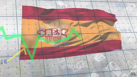 Animation-of-spanish-flag-waving-over-line-graphs-moving-over-grid-pattern-with-numbers