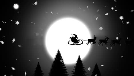 Animation-of-santa-claus-in-sleigh-over-snow-falling-background