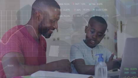 Animation-of-graphs-and-trading-board-over-african-american-father-and-son-studying-over-laptop