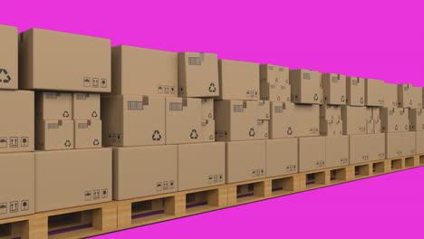 Animation-of-cardboard-boxes-on-wooden-plank-against-pink-background
