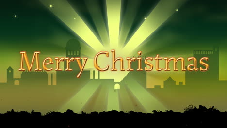Animation-of-merry-christmas-text-over-city-and-shooting-star-on-green-background