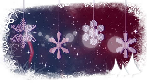 Animation-of-christmas-baubles-and-snow-falling-on-purple-background