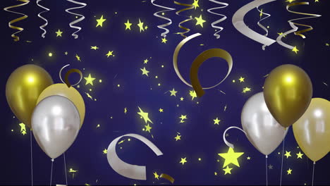 Animation-Von-Goldenen-Und-Silbernen-Luftballons-Mit-Party-Luftschlangen-Auf-Blauem-Hintergrund