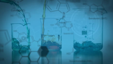 Animation-of-molecule-structures-over-chemical-falling-in-laboratory-flasks-against-blue-background
