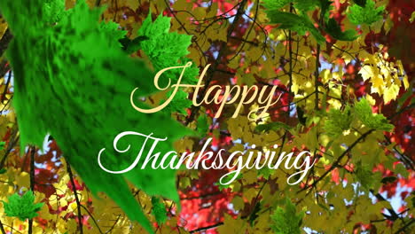Animation-of-falling-green-leaves-and-happy-thanksgiving-text,-low-angle-view-of-trees-against-sky
