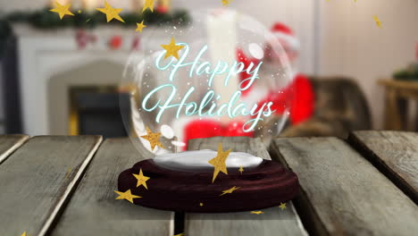 Animation-of-falling-stars-and-lens-flares-around-happy-holidays-text-in-snow-globes-on-wooden-table
