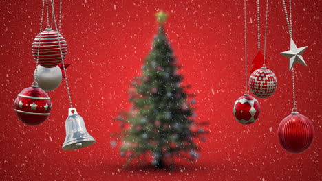 Animation-Von-Weihnachtskugeldekorationen-über-Dem-Weihnachtsbaum-Auf-Rotem-Hintergrund