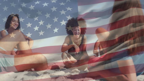 Animation-Der-Amerikanischen-Nationalflagge,-Die-über-Verschiedenen-Freunden-Weht,-Die-Am-Strand-Sitzen-Und-Spaß-Haben