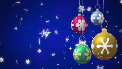 Animation-of-baubles-over-snow-falling-on-blue-background