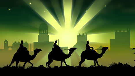 Animación-De-La-Silueta-De-Tres-Reyes-Magos-En-Camellos-Sobre-El-Paisaje-Urbano-Sobre-Fondo-Verde