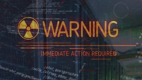 Animation-of-radioactive-warning-symbol,-text-and-computer-language-over-data-server-room