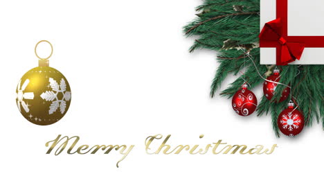 Animation-of-merry-christmas-text-and-christmas-bauble-on-white-background