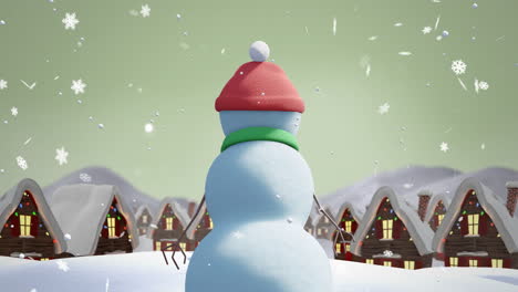 Animation-Eines-Weihnachtlichen-Schneemanns,-Der-Sich-über-Fallenden-Schnee-Auf-Grünem-Hintergrund-Bewegt