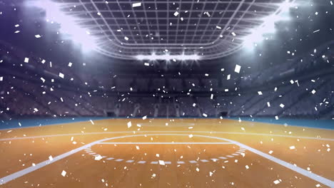 Animation-of-falling-confetti-over-light-on-roof-of-empty-basketball-court