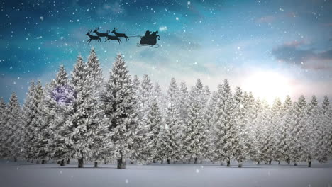 Animation-of-snowfall-and-trees-over-santa-riding-sleigh-with-reindeers-in-sky
