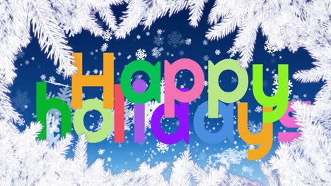 Animation-of-branches-around-falling-snowflakes-and-happy-holidays-text-over-blue-background