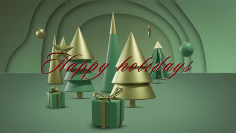 Animation-of-happy-holidays-with-christmas-trees,-gift-box,-baubles,-stars-on-abstract-background