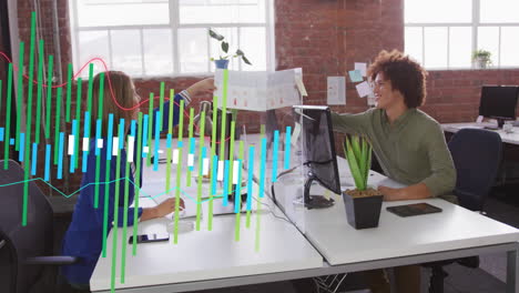 Animation-of-multiple-graphs-over-diverse-coworkers-discussing-and-passing-reports-on-desk