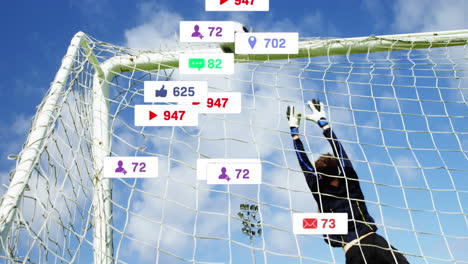 Animation-of-notification-bars,-caucasian-soccer-goalkeeper-unable-to-stop-goal-against-cloudy-sky