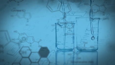 Animation-of-molecule-structures-over-liquid-falling-in-laboratory-flask-against-blue-background