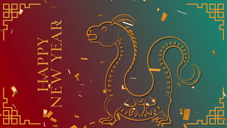 Animation-of-happy-new-year-text,-dragons-symbols-and-chinese-pattern-on-red-to-green-background