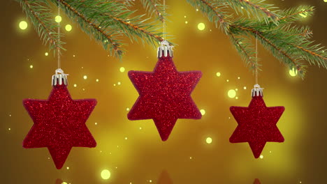 Animation-of-red-star-baubles-over-snow-falling-background