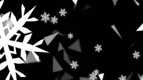 Animation-Von-Schneeflocken-Und-Dreiecken-Auf-Schwarzem-Hintergrund