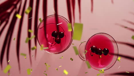 Animation-Von-Fallendem-Konfetti-Und-Cocktails-Auf-Rosa-Hintergrund